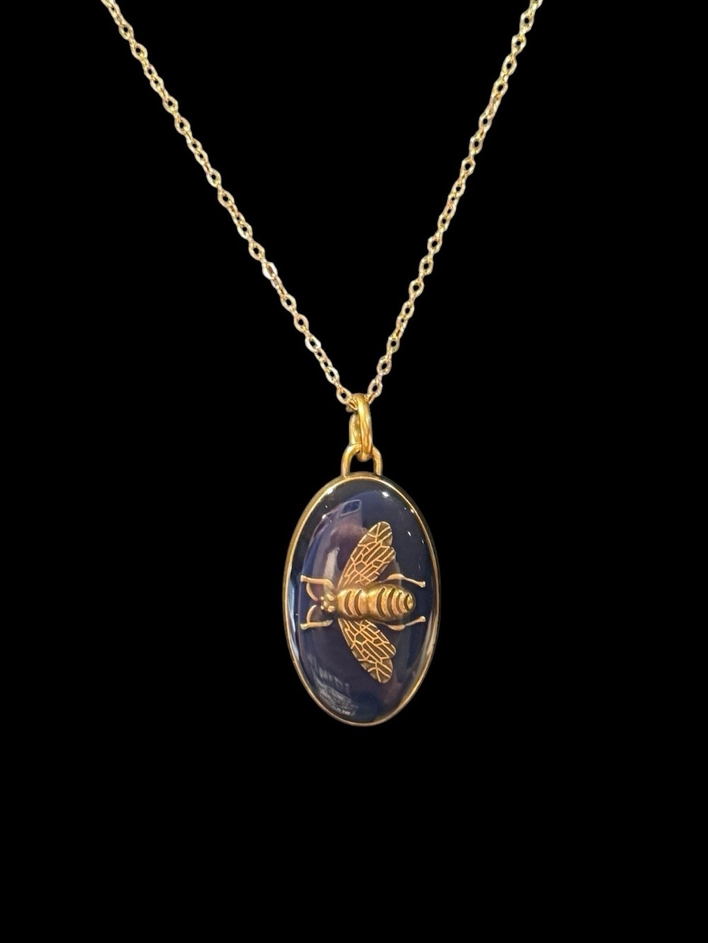 Gucci Gold Bee Pendant Necklace - Blue Enamel Oval